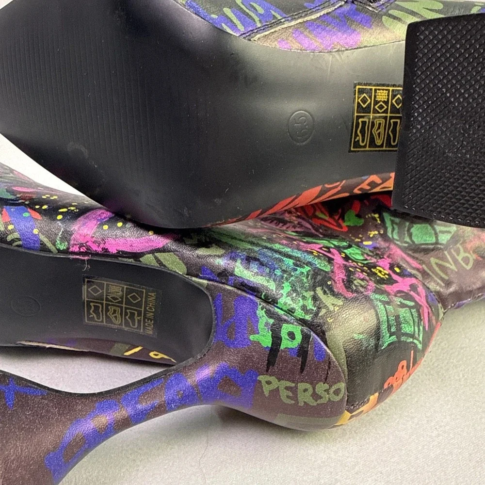 Revive Graf Multicolor Graffiti Print Over The Knee Flared Heel Boots woman  6.5